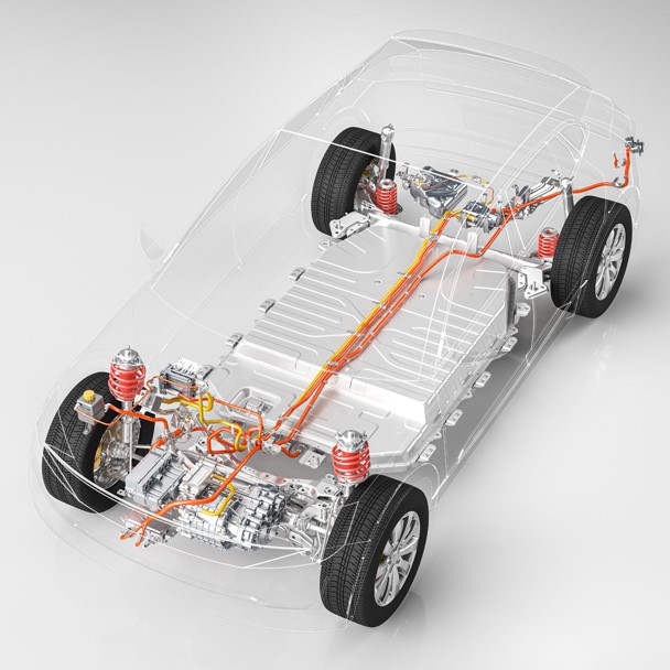Modern electric car chassis x-ray vehicle battery in studio environment line art 3d render