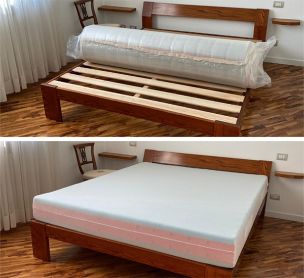 Mattress-in-a-box unboxing process with rolled foam mattress and fully expanded bed for optimal comfort