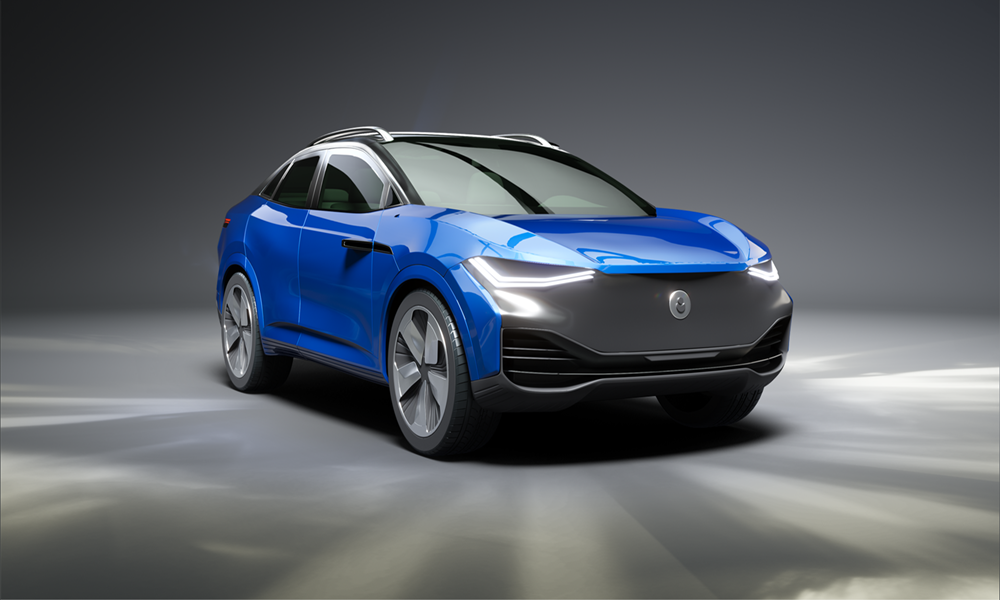 Modern blue crossover with integrated ADAS and LiDAR sensor housing, illustrating silicone solutions for thermal management and sensor durability.