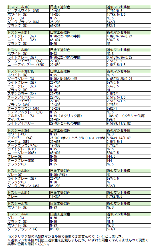 トスシール色見本
