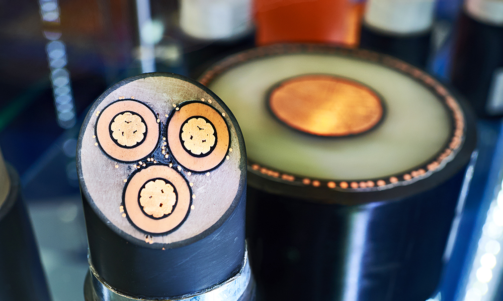 Close-up of multi-core copper power cable designed for high-voltage electrical infrastructure.